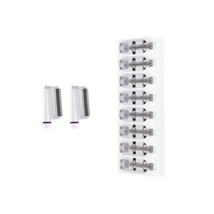 The Sonicsmooth Pro+ Refill Kit with Microdermabrasion by Michael Todd Beauty includes a set of two removable razor cartridges with clear refill tips, along with a packaging strip containing multiple additional razor cartridges. 2 Month Supply.