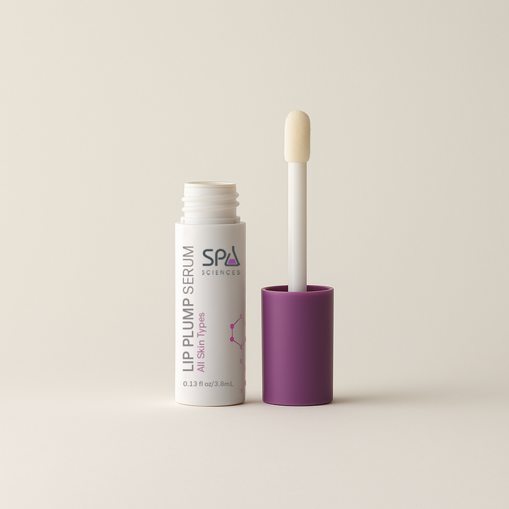 A partially opened bottle of Lip Plumping + Hydrating Serum from Michael Todd Beauty, revealing the applicator wand, features a white design with purple accents and text.