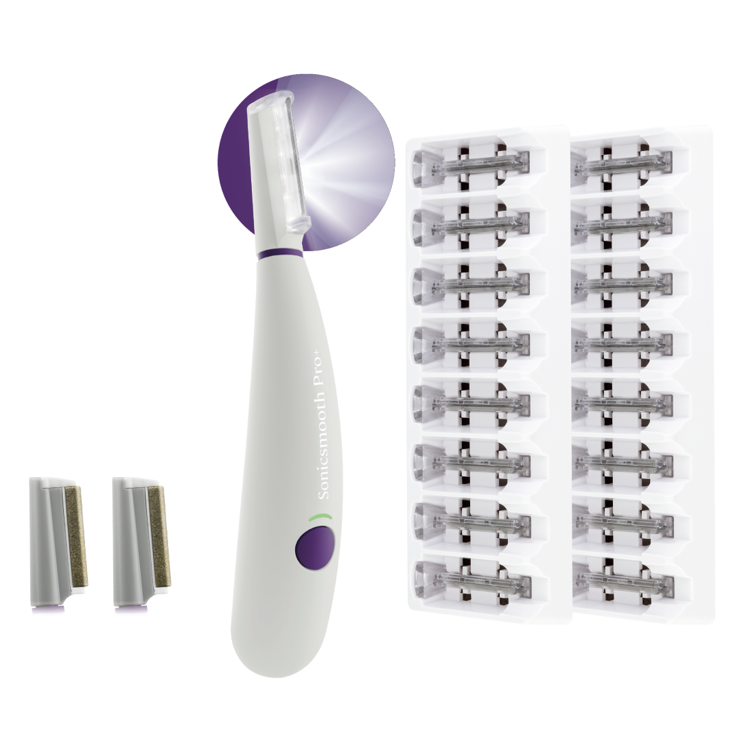 The Michael Todd Beauty Sonicsmooth Pro+ System includes an electric trimmer with replaceable blade, two spare blades, and two trays with extra replacements—perfect for precise dermaplaning.