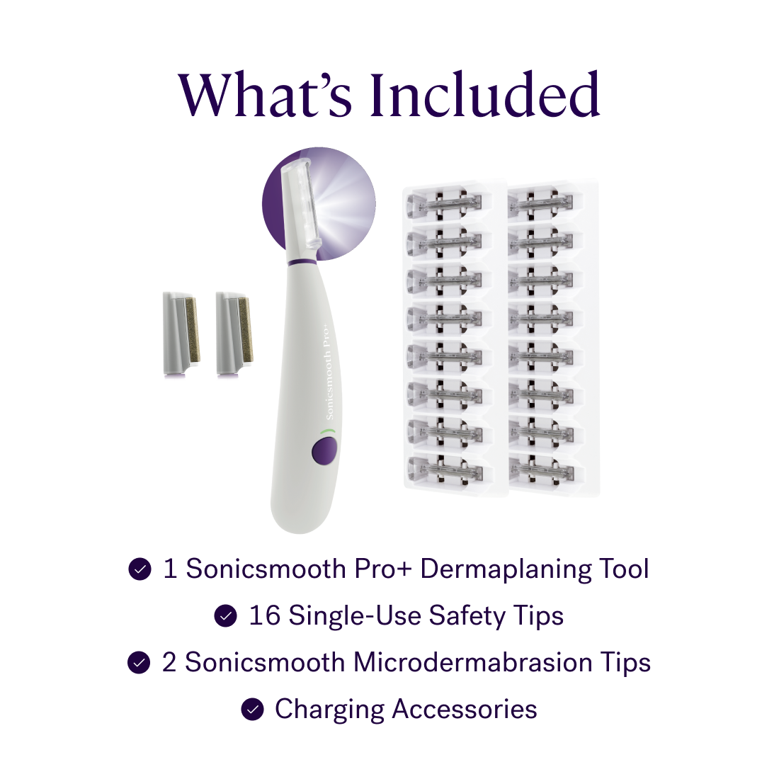 Image showing the contents of the Michael Todd Beauty Sonicsmooth Pro+ System: sonic dermaplaning tool, 16 single-use safety tips, 2 microdermabrasion tips, and charging accessories.