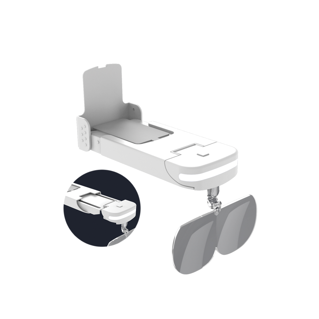 An image of a Michael Todd Beauty device with a pair of Younilook Cosmetic Readers attached, designed for portable vision assistance.