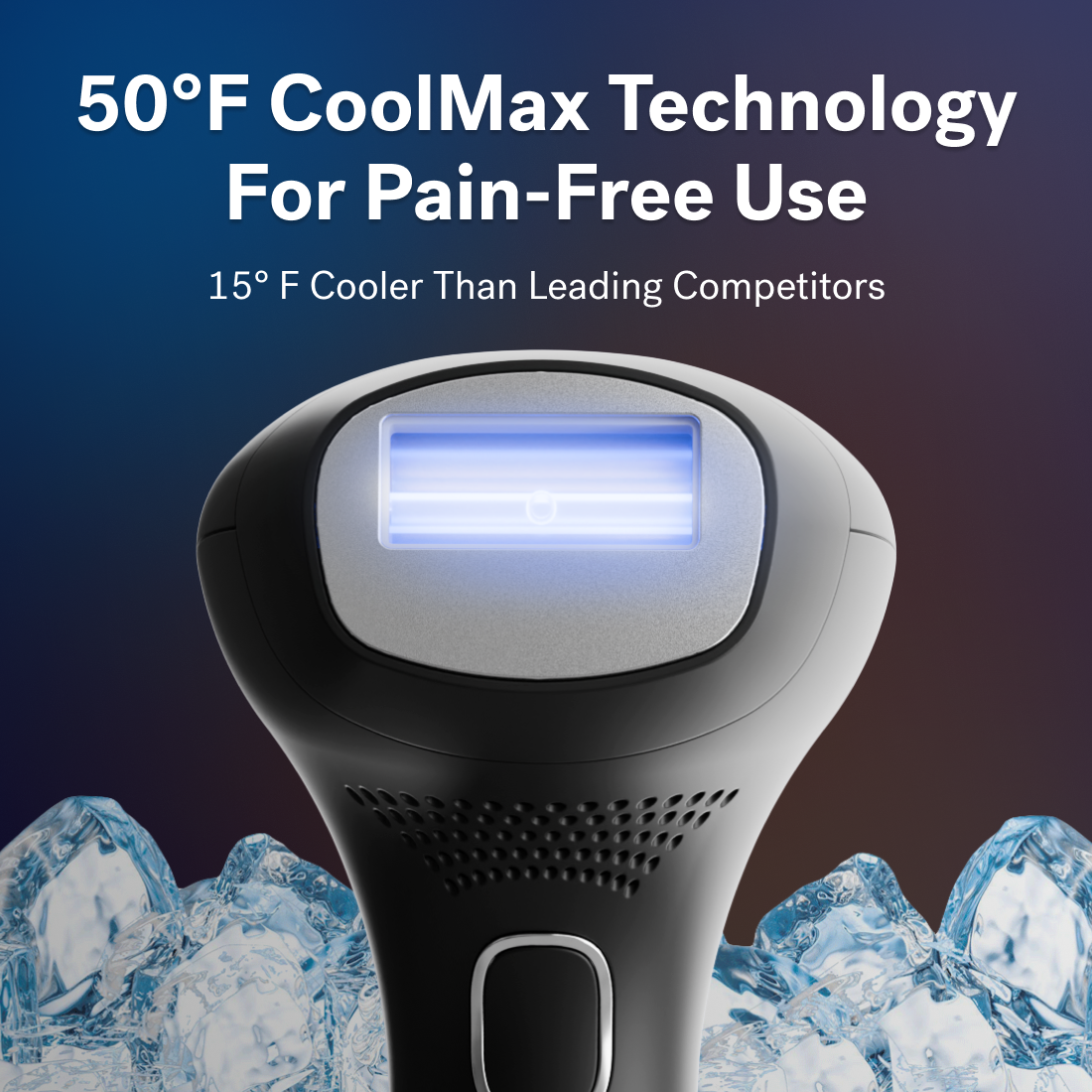 A black Lumos IPL device with 50°F COOLMAX cooling technology from Michael Todd Beauty is shown emitting blue light, surrounded by ice. Text states it's 15°F cooler than leading competitors and intended for pain-free permanent hair removal using IPL therapy.