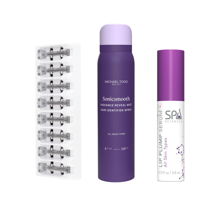 The Michael Todd Beauty Triple Glow System includes replacement razor heads, the Sonic Smooth Radiance Reveal Mist, and the Lip Plump Serum.