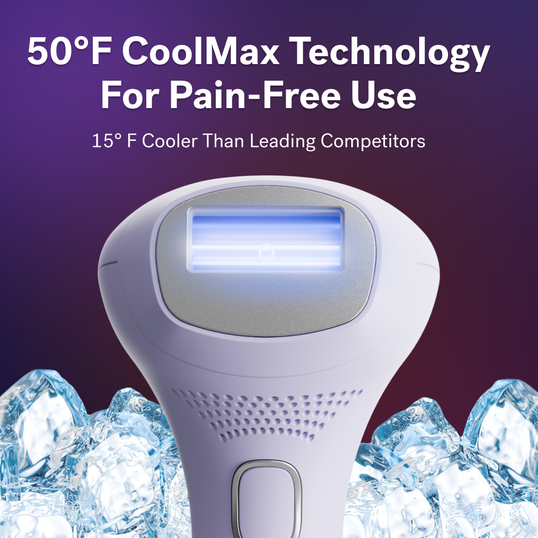 Lavender Lust - A white handheld Lumos IPL device from Michael Todd Beauty surrounded by ice cubes with text above it that reads "50°F COOLMAX Cooling Technology For Pain-Free Use - 15°F Cooler Than Leading Competitors. Includes Safety Skin Sensor for Extra Protection.