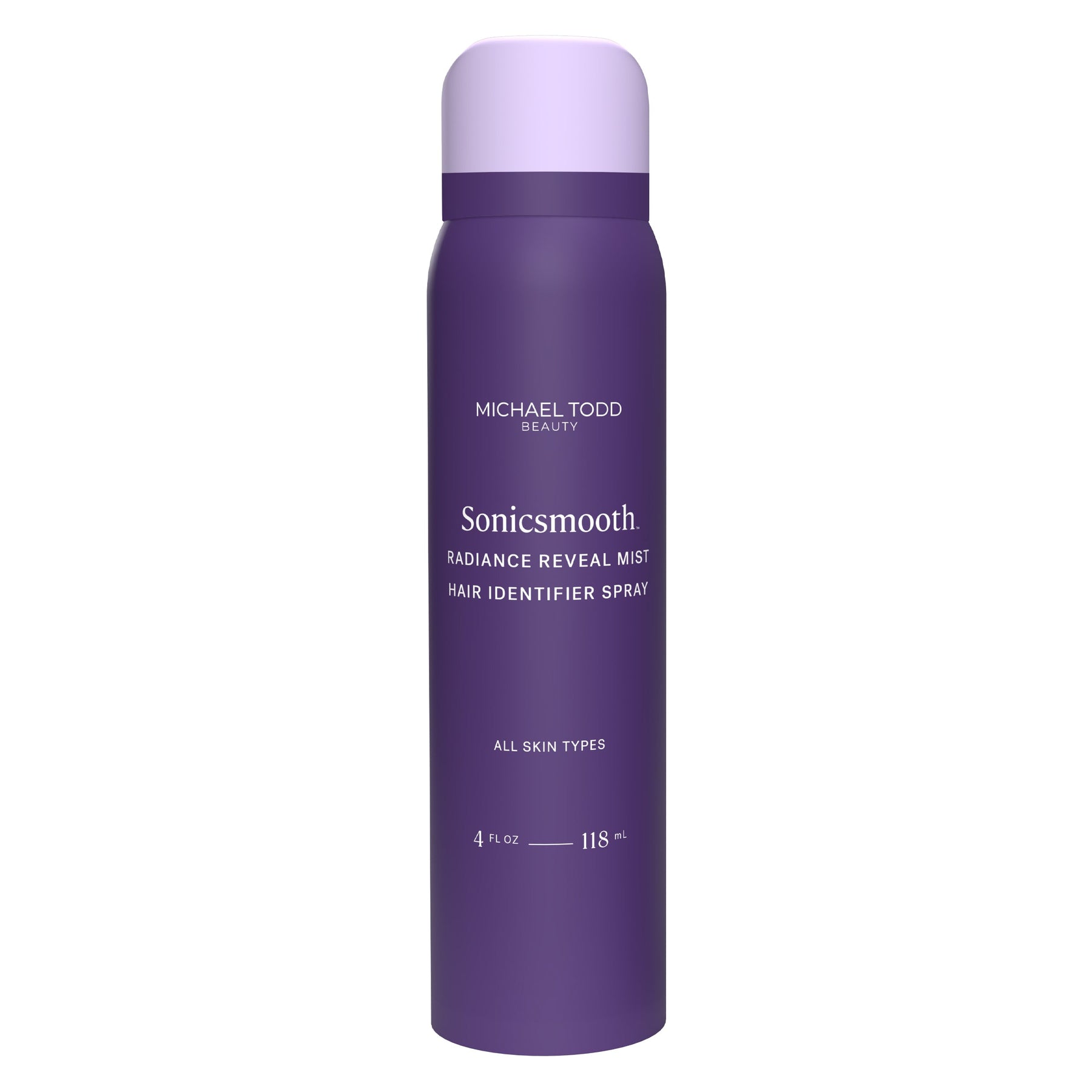 Purple spray bottle labeled 'Sonicsmooth Radiance Reveal Mist' by Michael Todd Beauty.
