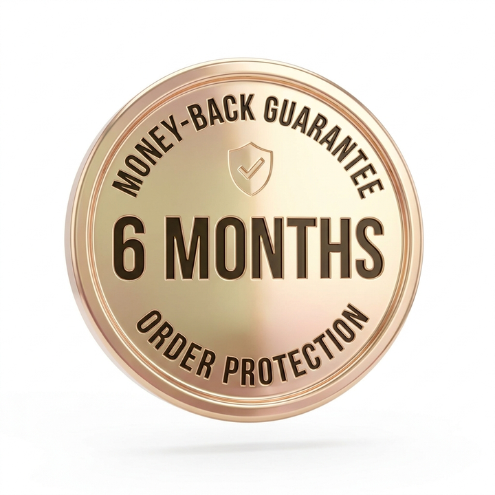 Bronze coin badge with a check mark icon displaying "Michael Todd Beauty 6 Month Money-back Guarantee, Order Protection.
