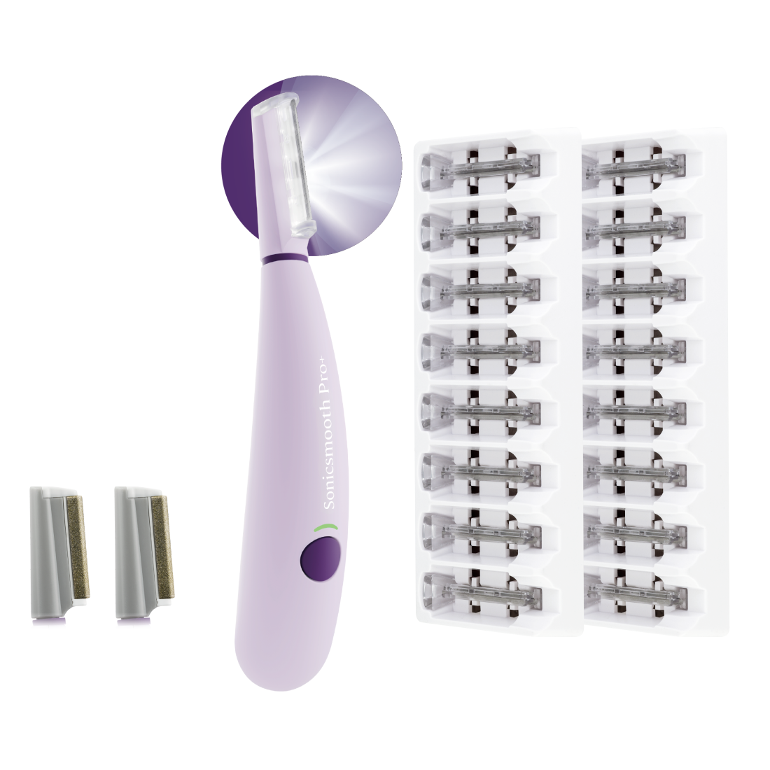 The Michael Todd Beauty Sonicsmooth Pro+ System is a purple electric facial hair remover with Sonic Dermaplaning, a detachable head, two extra heads, and two trays of ten replacement blades each, shown on a white background.