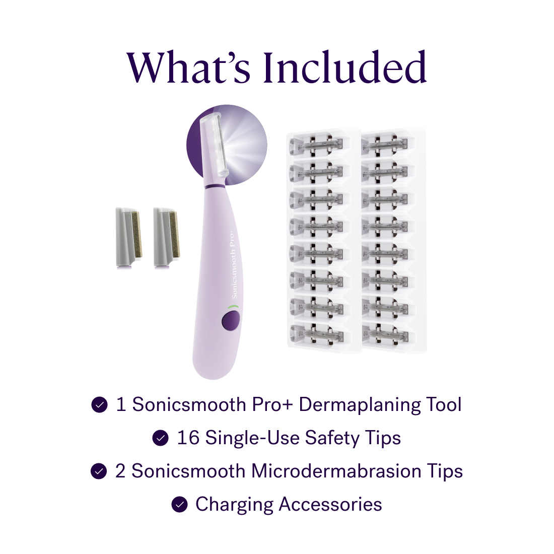 Image of what's included: 1 Michael Todd Beauty Sonicsmooth Pro+ System with LED Glow Light, 16 single-use safety tips, 2 microdermabrasion tips, and charging accessories for professional-grade exfoliation.