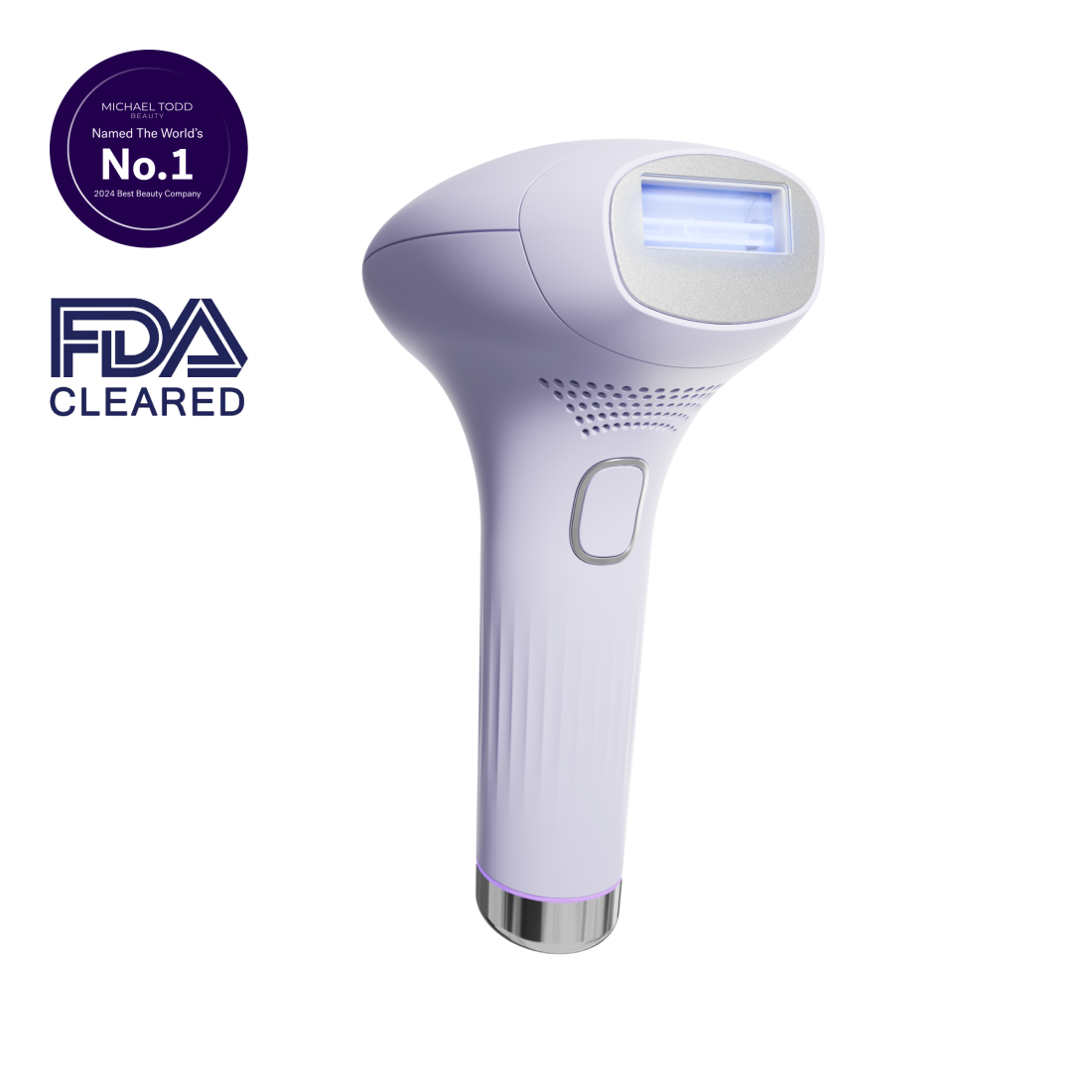 Lavender Lust - A handheld FDA-cleared device with a sleek purple handle and a power button, designed for personal use, with a label indicating it was named "World's No. 1" by Michael Todd Beauty in 2024 Best Brands.