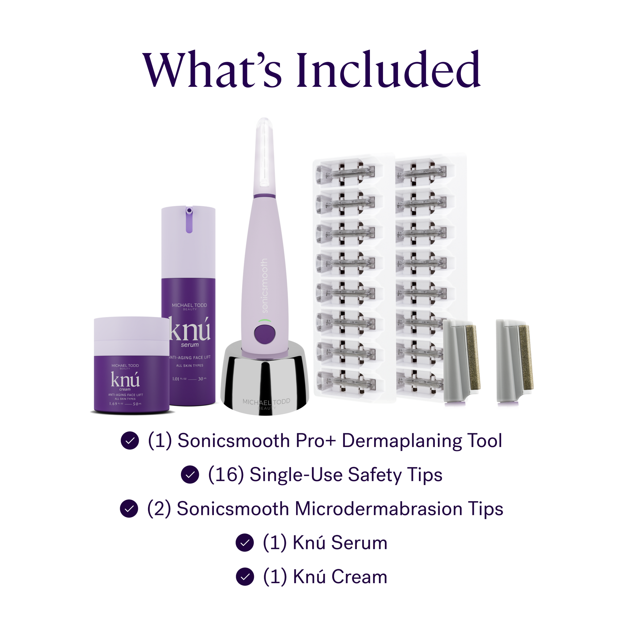 Promotional image displaying skincare products: one tube of cream, a 4 in 1 Dermaplaning & Post Treatment System with replaceable tips, and a serum bottle, all labeled with the brand name "Michael Todd Beauty.