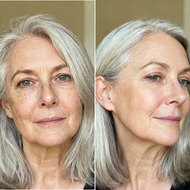 Side-by-side comparison of an older woman with gray hair, showing her face before (left) and after (right) using Michael Todd Beauty's Wide Awake Lifting Eye Serum, highlighting smoother and more even skin.