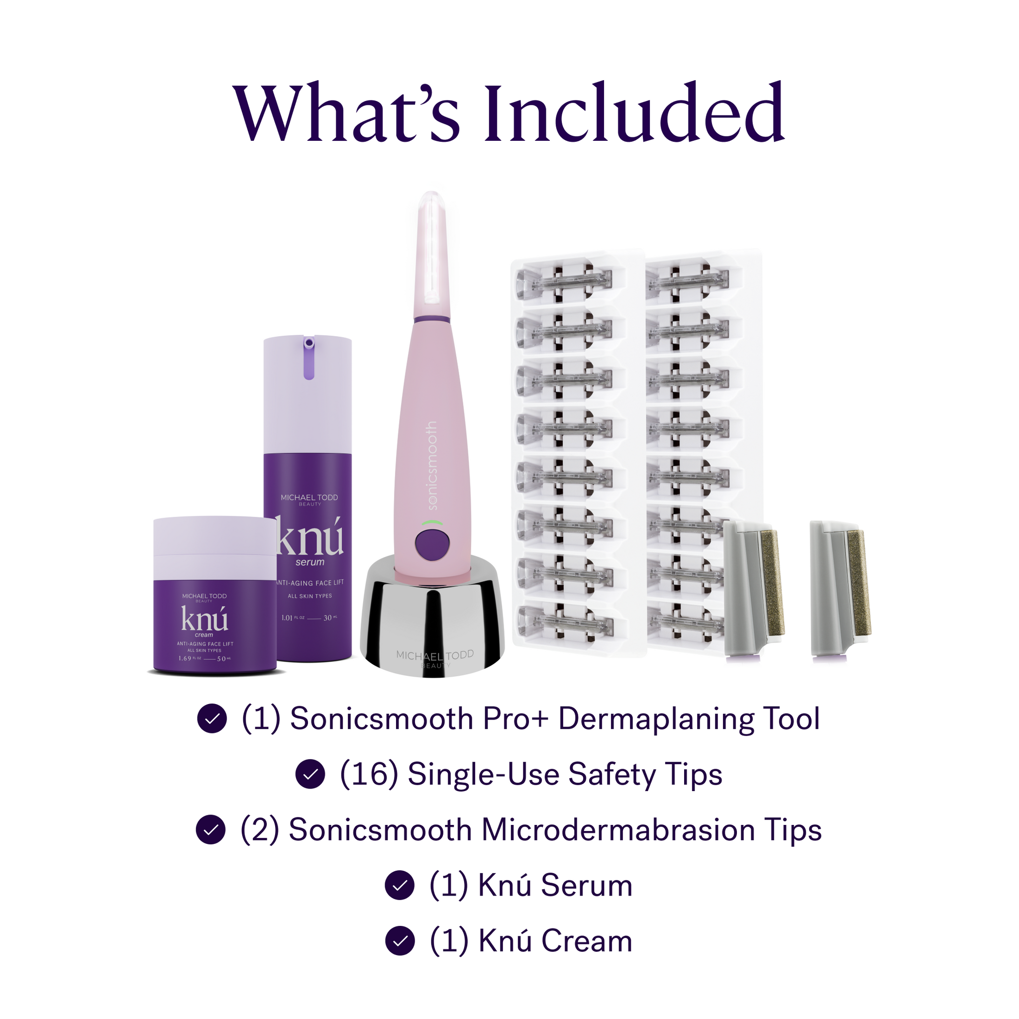 Image displaying a Michael Todd Beauty skincare set including a 4 in 1 Dermaplaning & Post Treatment System, single-use safety tips, microdermabrasion tips, serum, and cream, labeled with quantities and purposes.