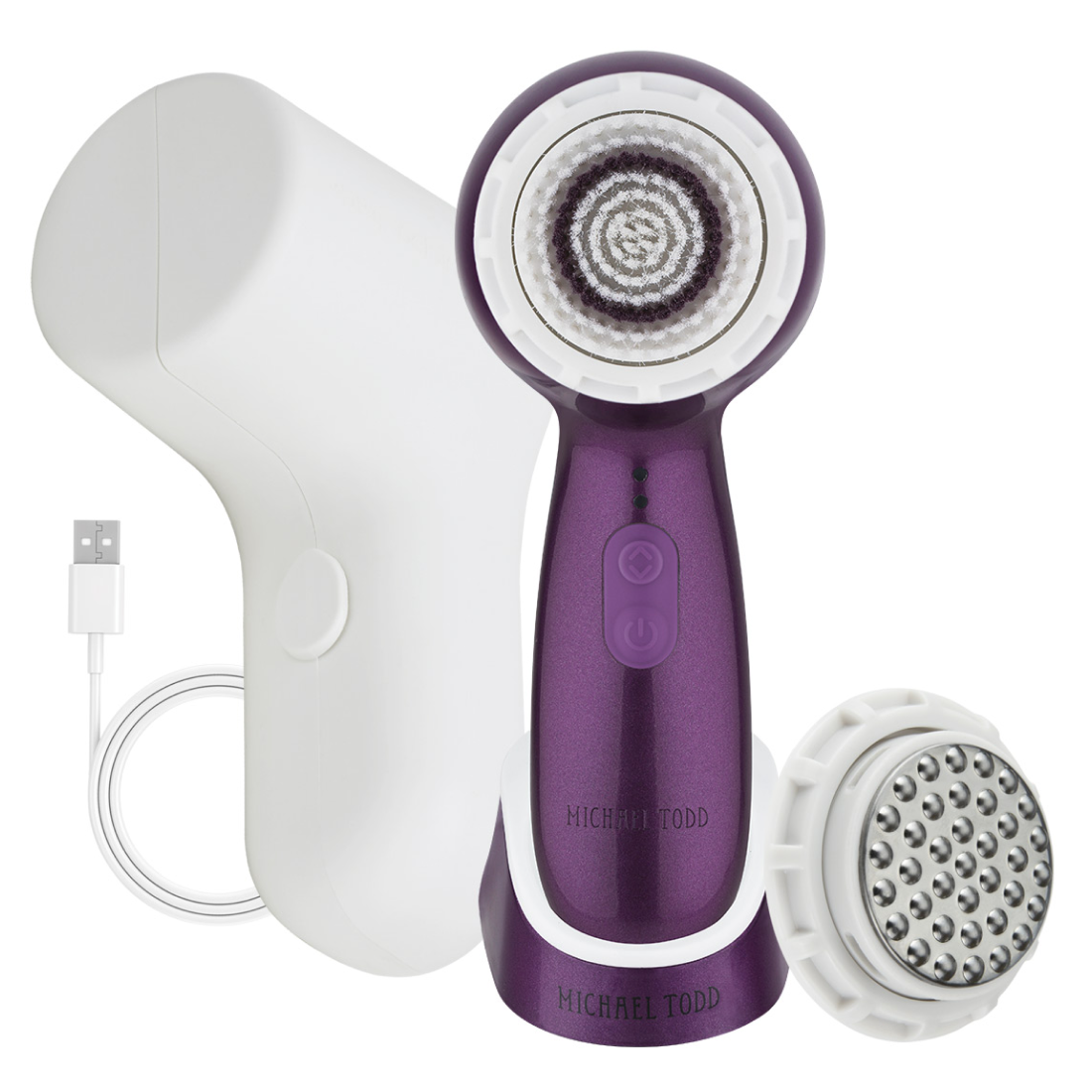 An award-winning 2-Piece Best Sellers Kit electric facial shaver in purple and white, with a USB charger for skincare by Michael Todd Beauty.