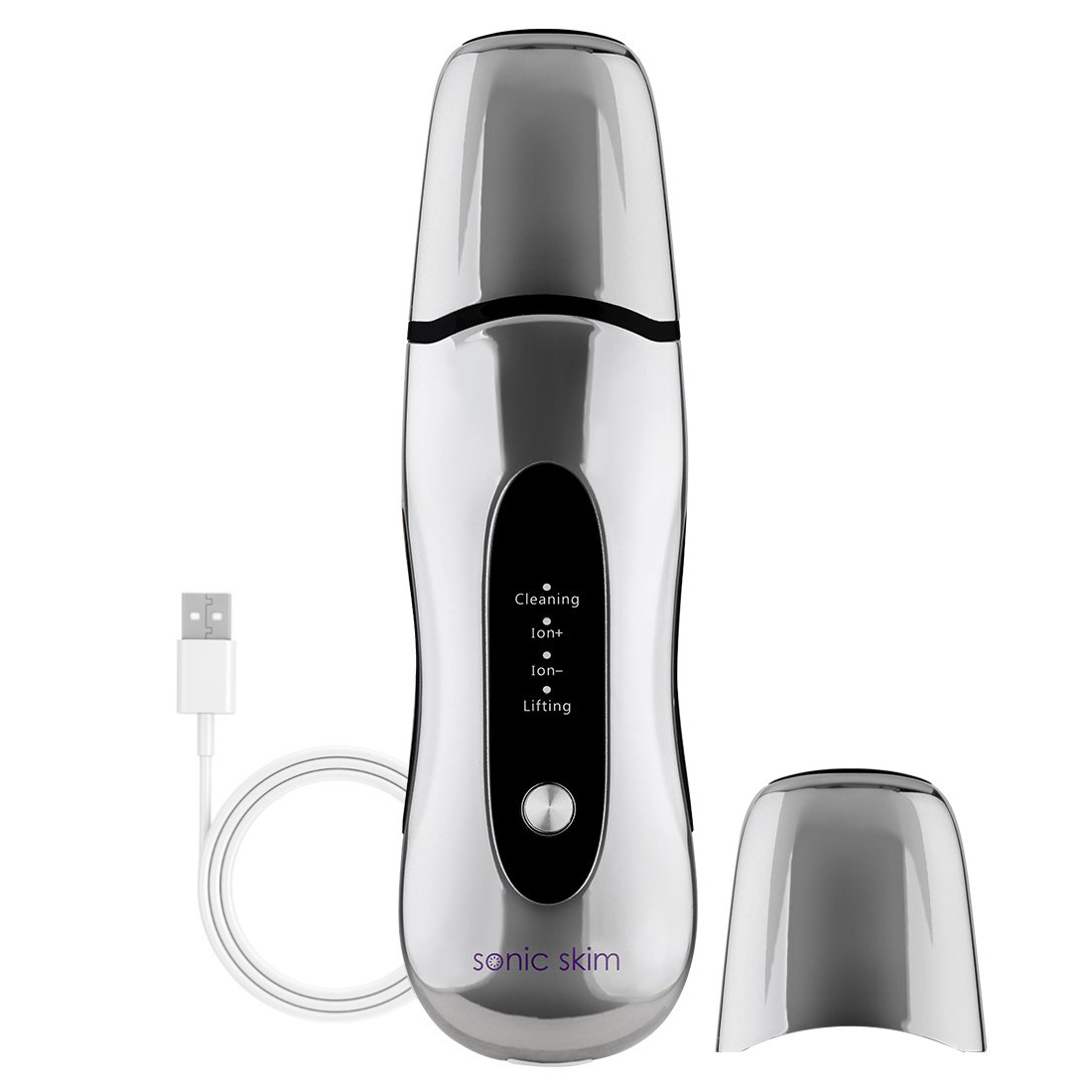 A sleek silver Glow All Day electric hair trimmer from Michael Todd Beauty that comes with a USB charger.