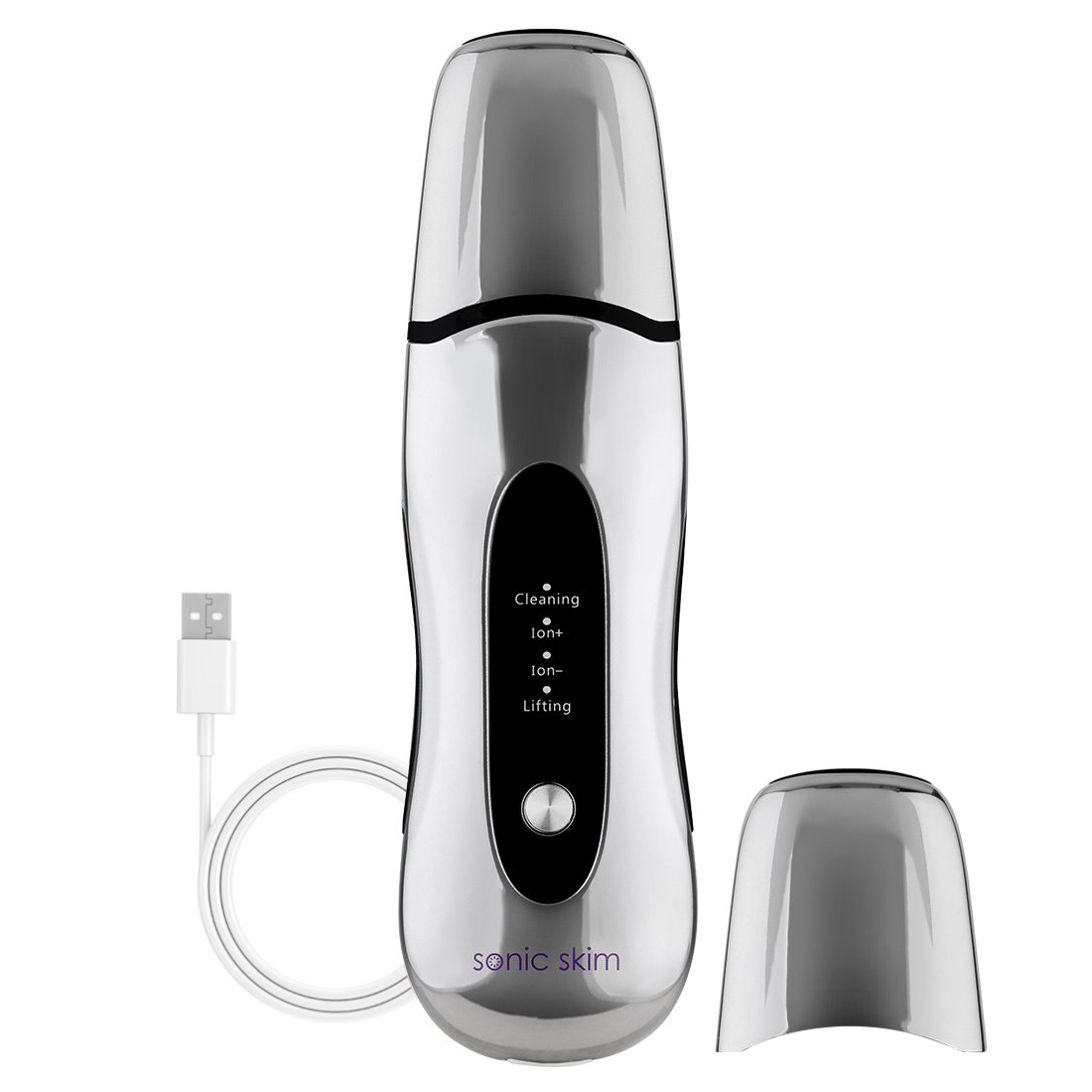 A silver electric hair trimmer with a USB charger, the Glow All Day Bundle by Michael Todd Beauty.