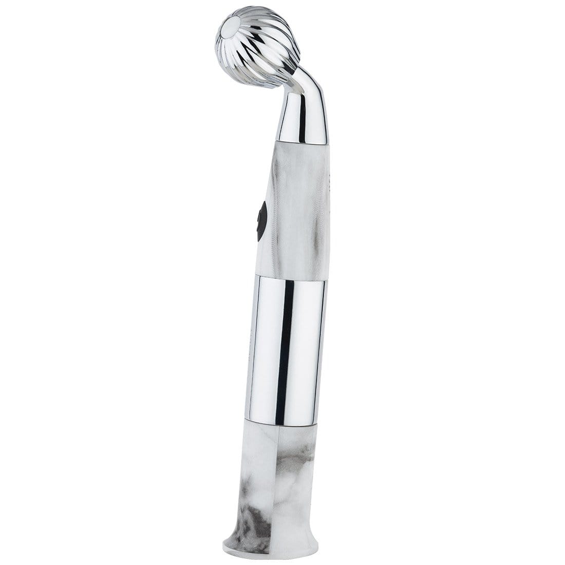 The Sonicsculpt by Michael Todd Beauty, a stainless steel and marble massager with a textured spherical head, is perfect for enhancing collagen production and stands upright on a smooth surface.