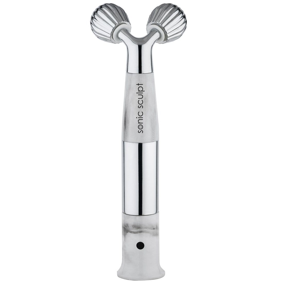 Introducing the "Sonicsculpt" by Michael Todd Beauty, a silver handheld massager equipped with stainless steel treatment globes and dual rollers. Its sleek design makes it perfect for sonic face contouring, effortlessly enhancing your beauty routine.