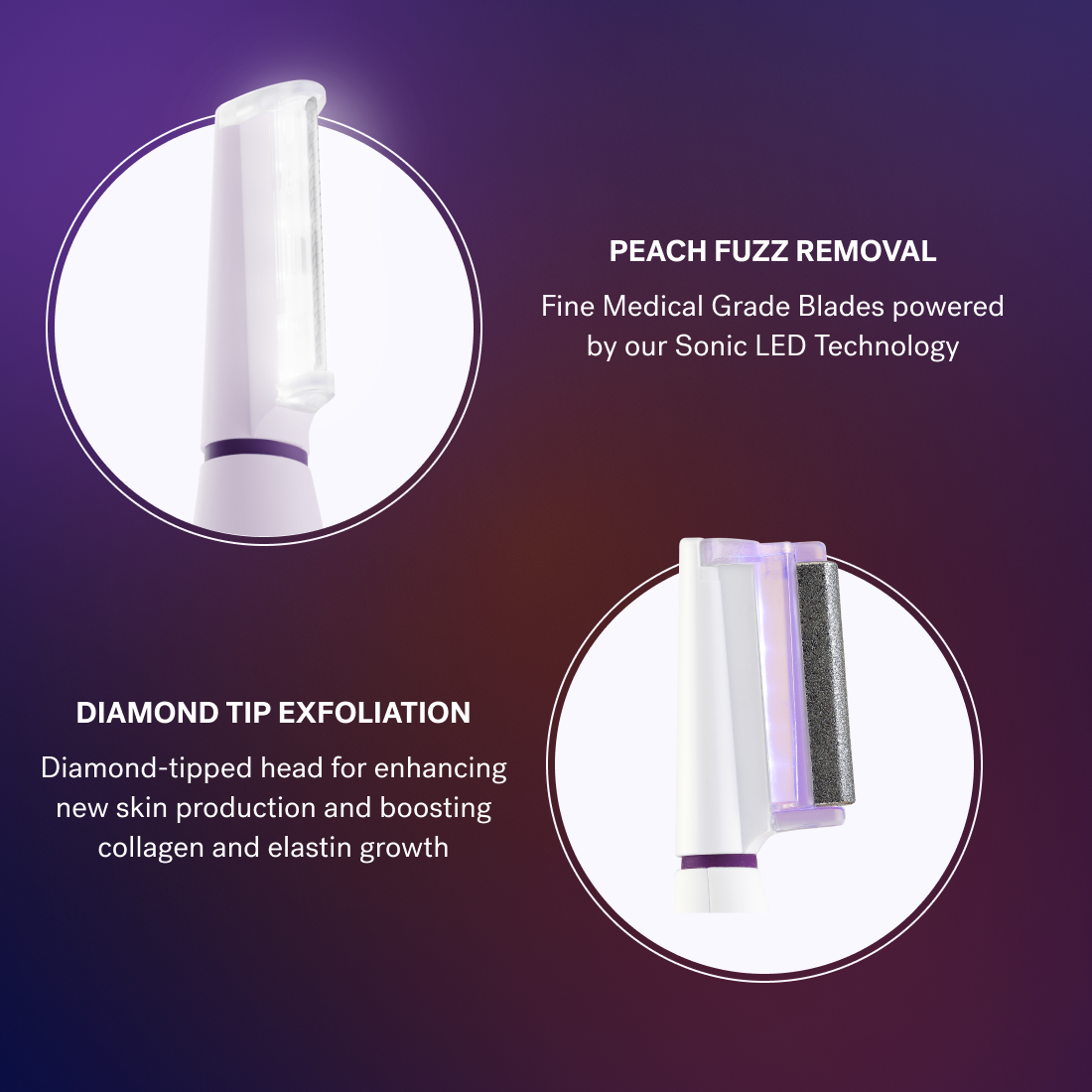 White - Top: The Sonicsmooth Pro+ by Michael Todd Beauty features medical-grade blades designed for effective peach fuzz removal. Bottom: This device also includes a diamond-tipped head for microdermabrasion, which aids in skin renewal and stimulates collagen and elastin production.