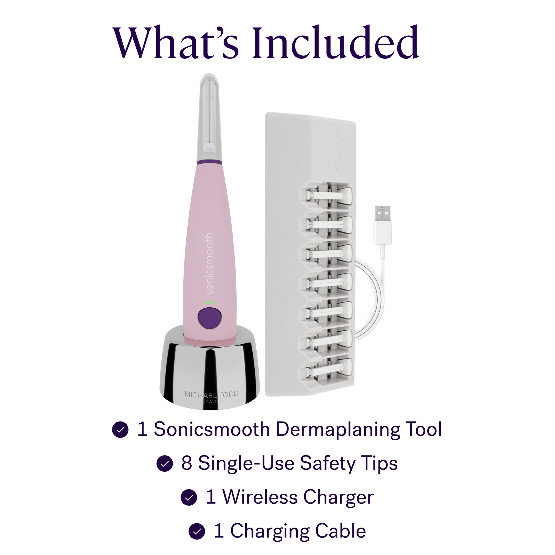 Pink - The image displays the contents of the Michael Todd Beauty Sonicsmooth, which includes one Sonicsmooth Dermaplaning Tool, eight single-use safety tips, a wireless charger, and a charging cable. This system is perfect for exfoliation and peach fuzz removal.