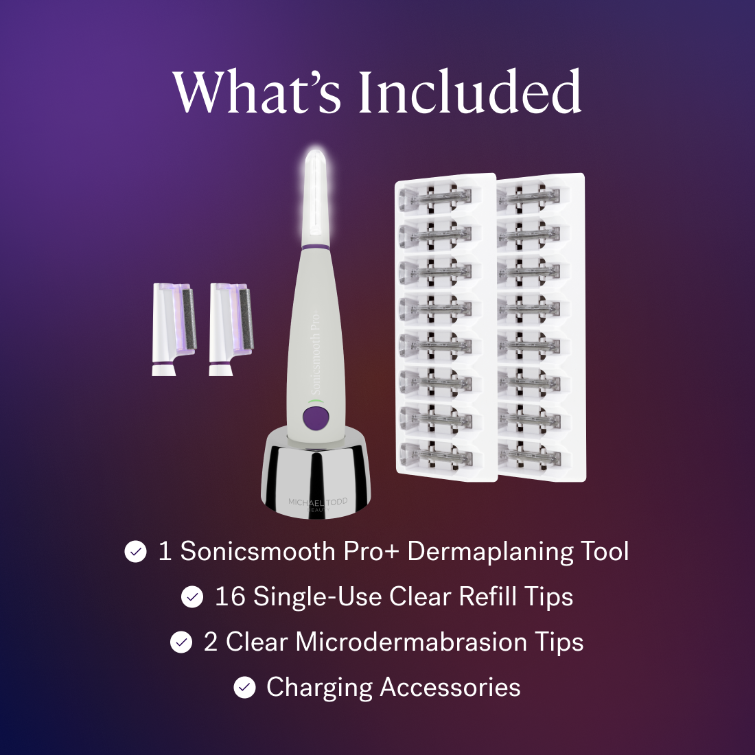 White - The kit includes the Sonicsmooth Pro+ Dermaplaning Tool by Michael Todd Beauty, 16 single-use clear refill tips, 2 clear microdermabrasion tips for painless exfoliation, and charging accessories, all set against a gradient background.