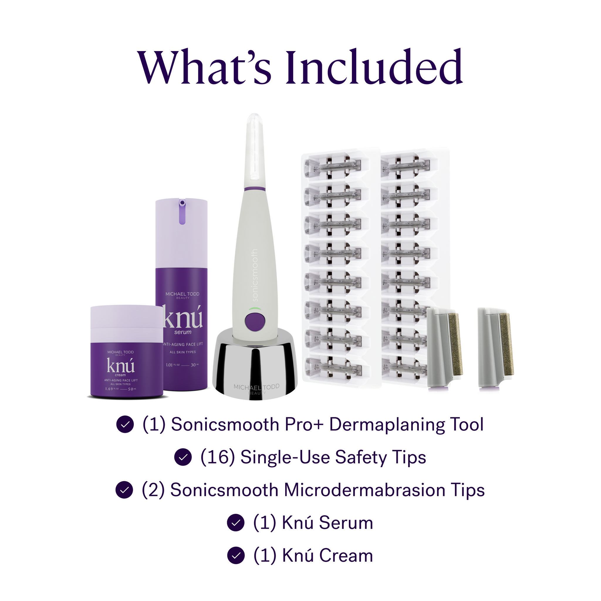 Image displays a skincare set including a Michael Todd Beauty 4 in 1 Dermaplaning & Post Treatment System, safety tips, microdermabrasion tips, serum, and cream.
