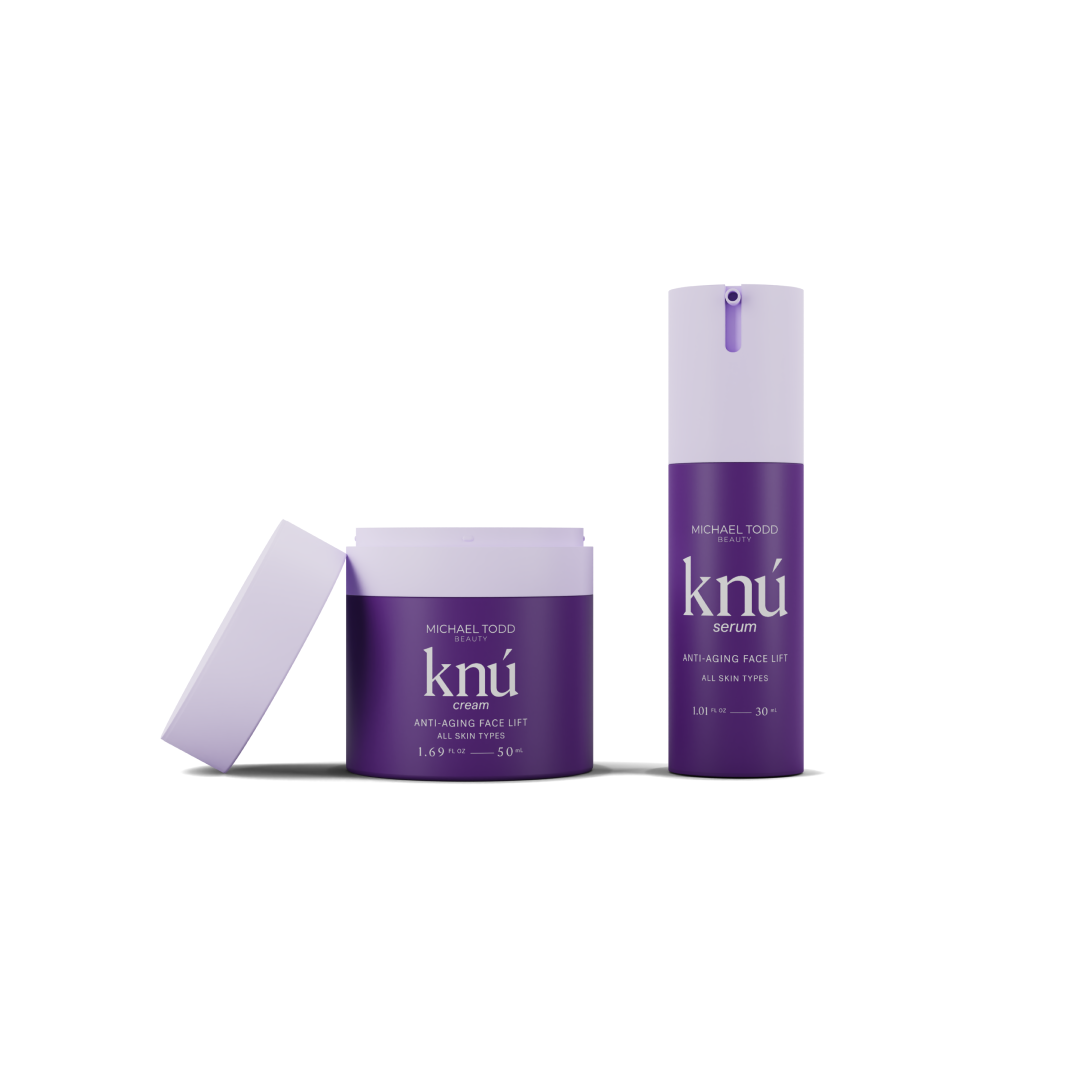 A group of purple Knú Ageless System skincare containers from Michael Todd Beauty.