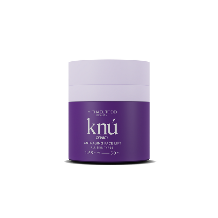 A jar of Michael Todd Beauty's Knú Cream anti-aging face cream on a white background. visible_badge