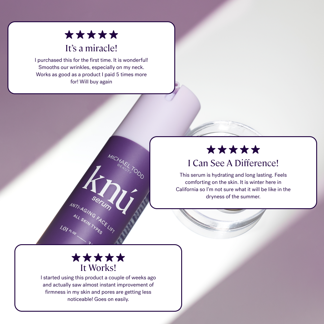 A bottle of Knú Serum with five stars on it, promoting skin regeneration and anti-aging benefits with peptides.