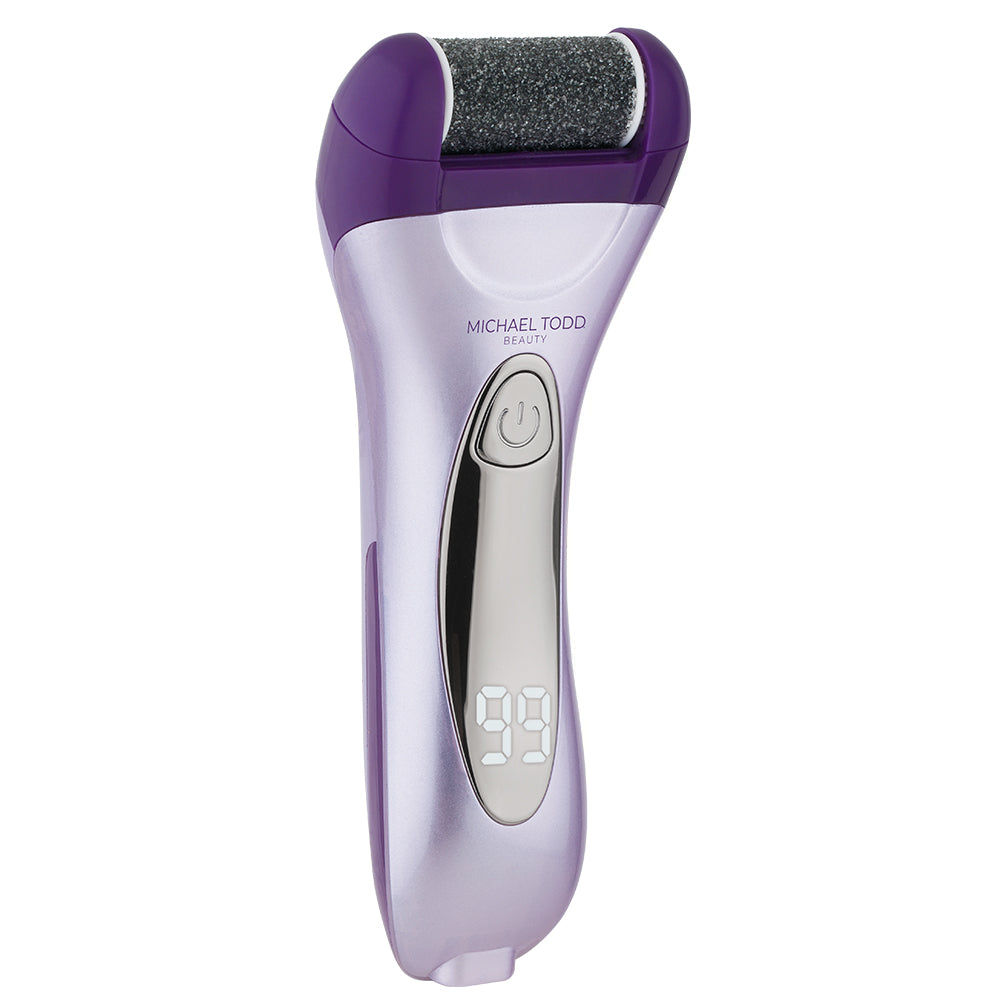 A Michael Todd Beauty electric foot exfoliator in purple and silver is perfect for smoothing rough and callused areas during an at-home pedicure treatment.