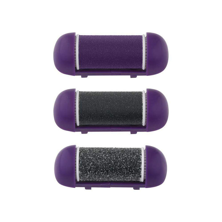 Three purple and black Michael Todd Beauty Pedimax Smoothing Heads rollers on a white background. visible_badge